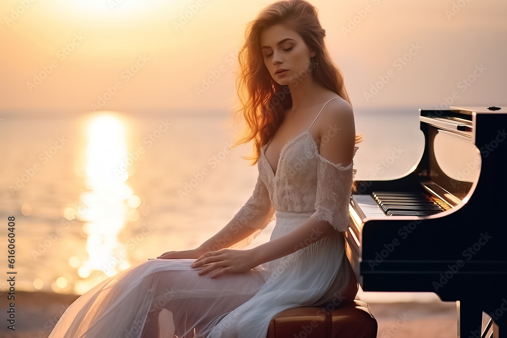 Φωτογραφία A young attractive pensive woman in a white dress on the seashore at the piano during the sunset