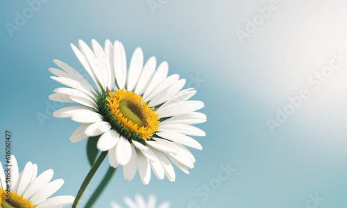 Beautiful daisies on a blue background  copy space. Generative AI.