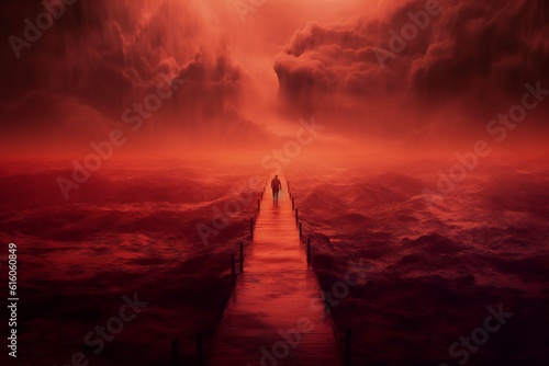 Passage through hell into the heaven in the distance surreal red tones with mist Generative AI