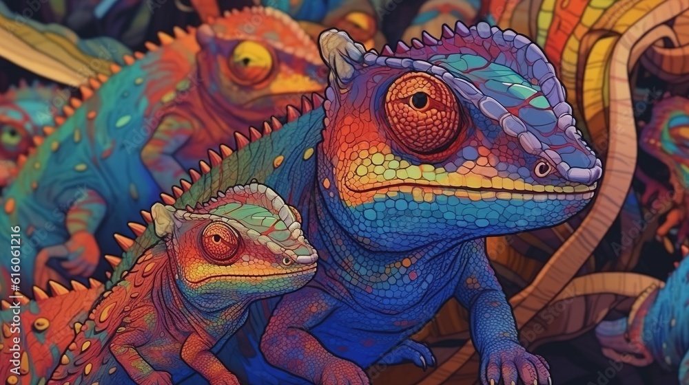 Colorful chameleons blending into their surroundings . Fantasy concept , Illustration painting.