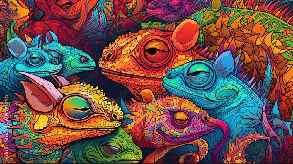 Colorful chameleons blending into their surroundings . Fantasy concept , Illustration painting.