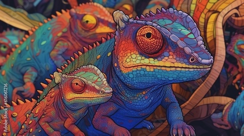Colorful chameleons blending into their surroundings . Fantasy concept , Illustration painting. © X-Poser
