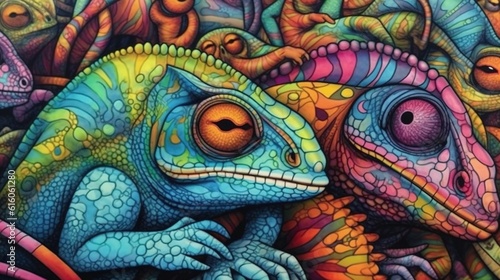 Colorful chameleons blending into their surroundings . Fantasy concept , Illustration painting. © X-Poser