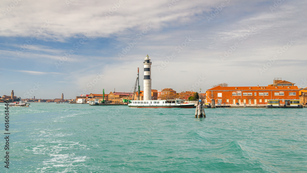 Lighthouse on the island of Murano near Venice, Italy, Europe.