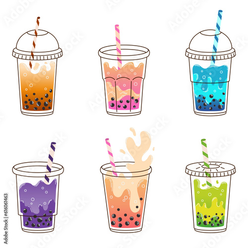 Set colorful glasses of bubble milk tea with sticks and tapioca in flat style isolated on white background. For print, design, poster