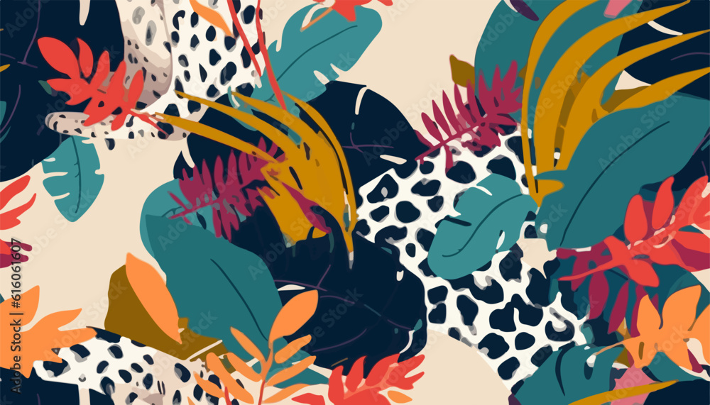 Abstract tropical floral print with leopard skin. Cute botanical abstract contemporary seamless pattern. Hand drawn unique print Abstract tropical floral print with leopard skin. Cute botanical abstract contemporary seamless pattern. Hand drawn unique print