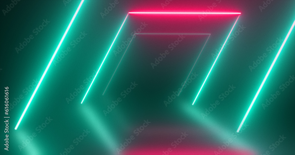 Abstract square tunnel neon green and red energy glowing from lines background
