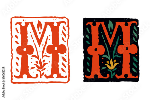 M letter medieval grunge gothic initial. 16th century engraved drop cap. Blackletter style vintage font. Middle Ages capital alphabet with floral ornament. Vector square shaped illuminated calligraphy