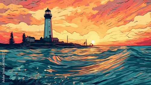 Coastal lighthouse at dawn . Fantasy concept , Illustration painting.