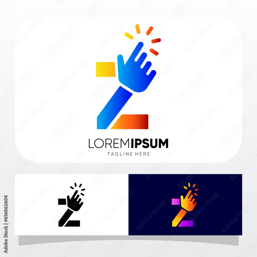 Letter Z Hand Clicking Finger Cursor Mouse Logo Design Vector Icon Graphic Emblem Illustration