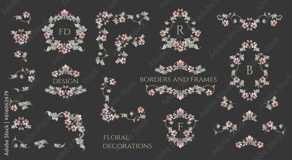 Colorful set  of vintage corners, borders and monogram frames. Contour drawing of flowers and leaves. Classic decorative elements.