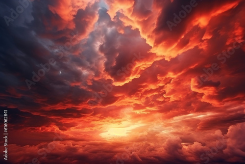 Bright red sunset: dramatic evening sky with clouds, resembling fiery skies, offering ample space for design. A magical fantasy sky conjures notions of war, battle, terror, world apocalypse