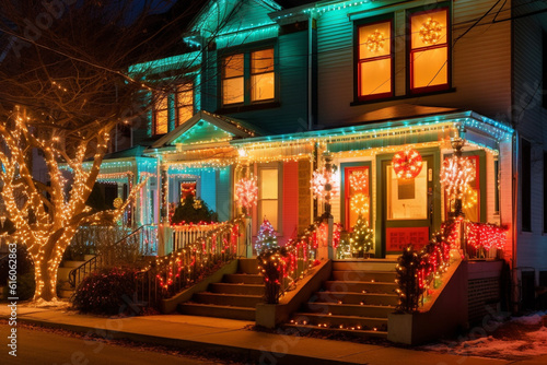 Christmas decoration of a house in the suburbs of an American town at night