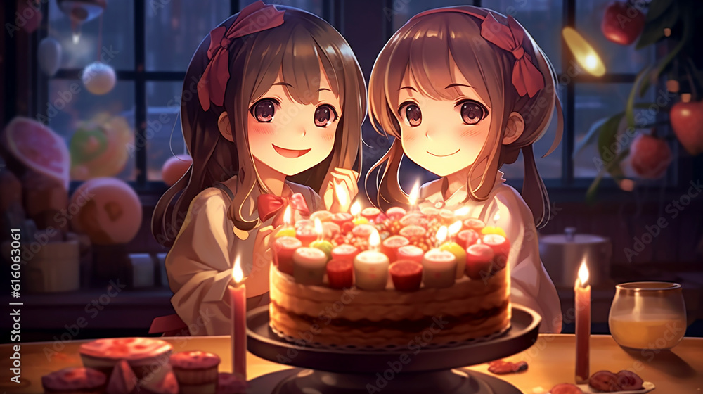 a_couple_of_cute_Japanese_girl_birthday cake_candle a_couple_of_cute_Japanese_girl_birthday cake_candle