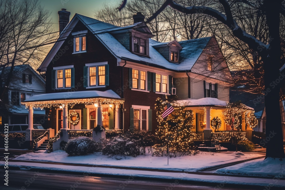 Christmas decoration of a house in the suburbs of an American town at night Christmas decoration of a house in the suburbs of an American town at night