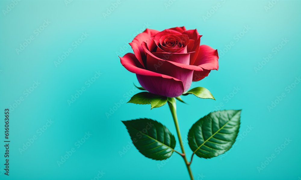 Beautiful red rose on a blue background, copy space. Generative AI. Beautiful red rose on a blue background, copy space. Generative AI.