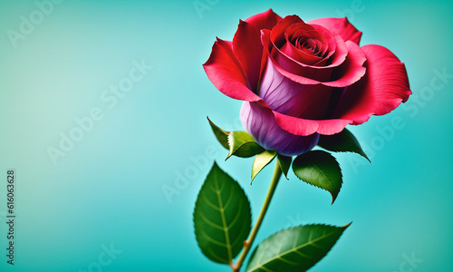 Beautiful red rose on a blue background  copy space. Generative AI.