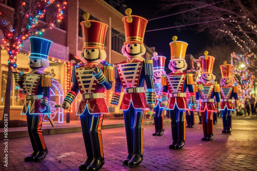 Christmas parade and festival on city street in winter