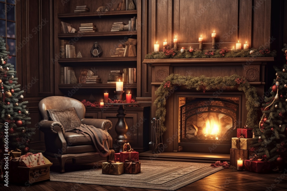 christmas evening, interior of decorated room and fireplace for the holiday