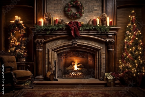 christmas evening  interior of decorated room and fireplace for the holiday