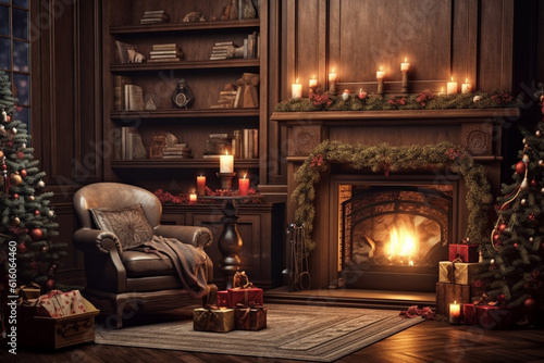 christmas evening  interior of decorated room and fireplace for the holiday