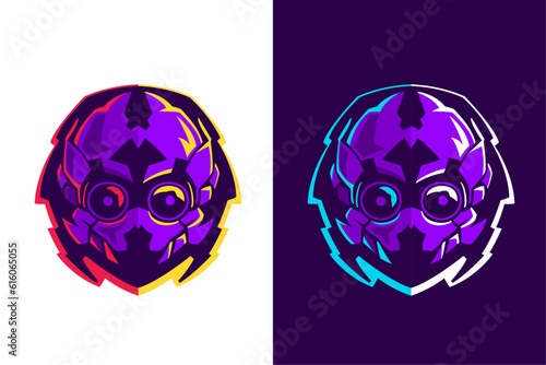 Skull in pilot, astronaut or alien helmet. Esports gaming high detailed logos set. Violet bones with vivid lights. Gamer sport team mascot design. Vector for horror genre, racing, or flight badge.