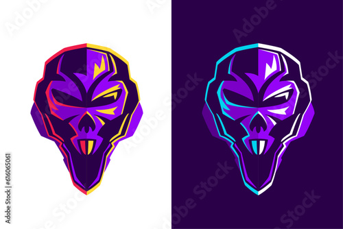 Skull in pilot, astronaut or alien helmet. Esports gaming high detailed logos set. Violet bones with vivid lights. Gamer sport team mascot design. Vector for horror genre, racing, or flight badge.