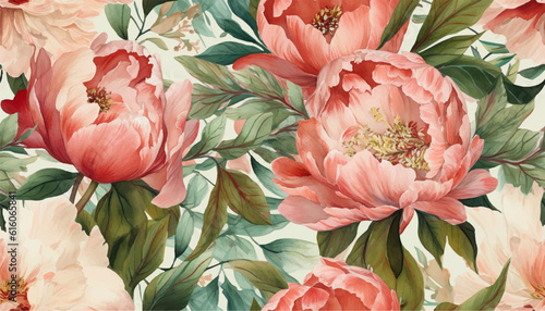 Delicate floral watercolor pattern for textiles and backgrounds, watercolor peonies flowers and green leaves, soft colors, boho style on a light background, floristic vintage
