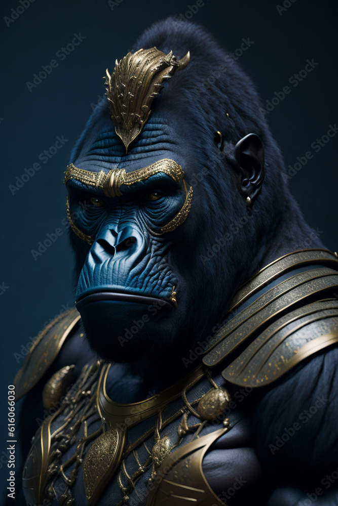 Portrait of a powerful male gorilla in gold armor. Studio shot.