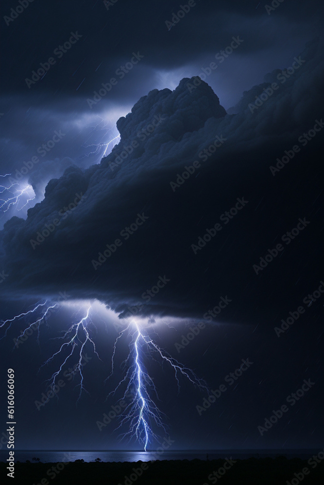 Lightning strike in the night sky. Thunderstorm over the sea.