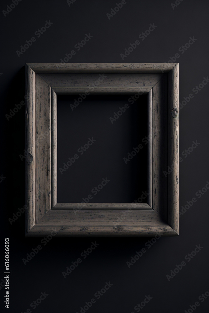 Empty wooden photo frame on a black wall. 3d render illustration.