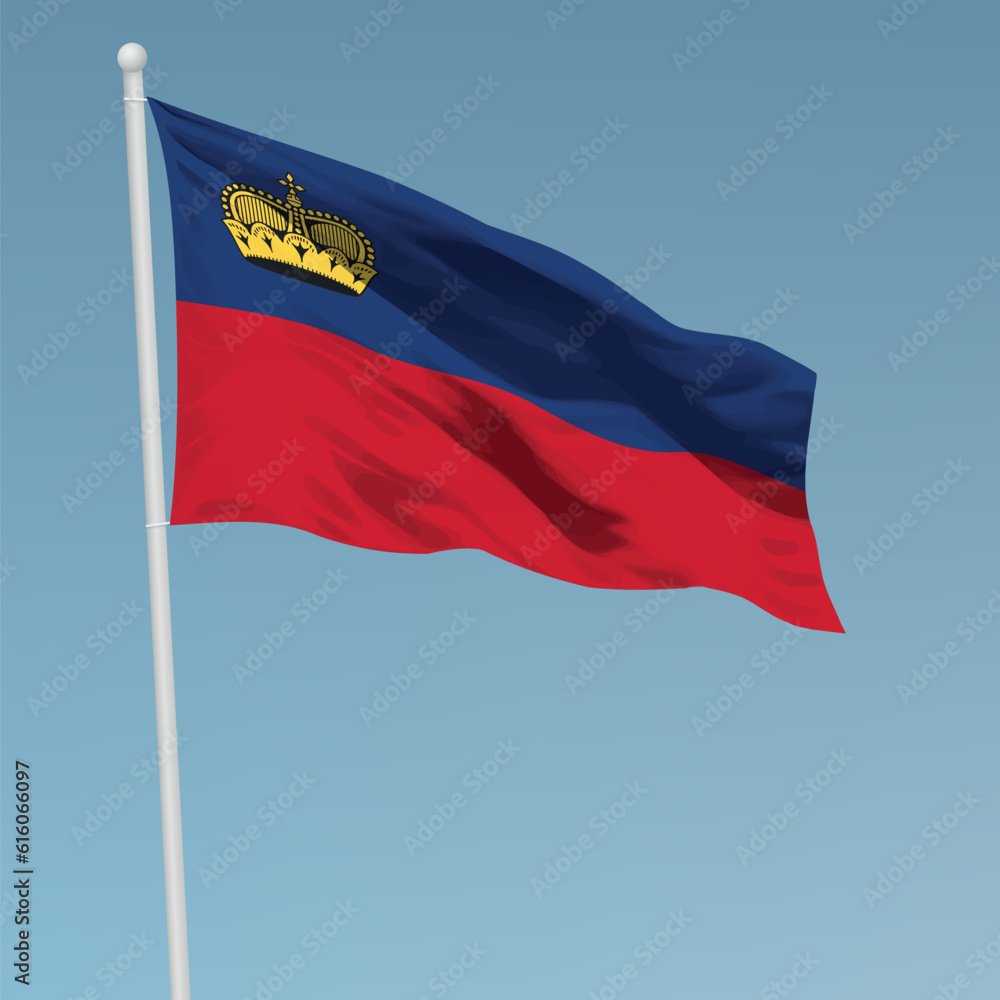 Waving flag of Liechtenstein on flagpole. Template for independence Waving flag of Liechtenstein on flagpole. Template for independence