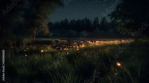 fireflies in a meadow by the lake at night ,generative ai
