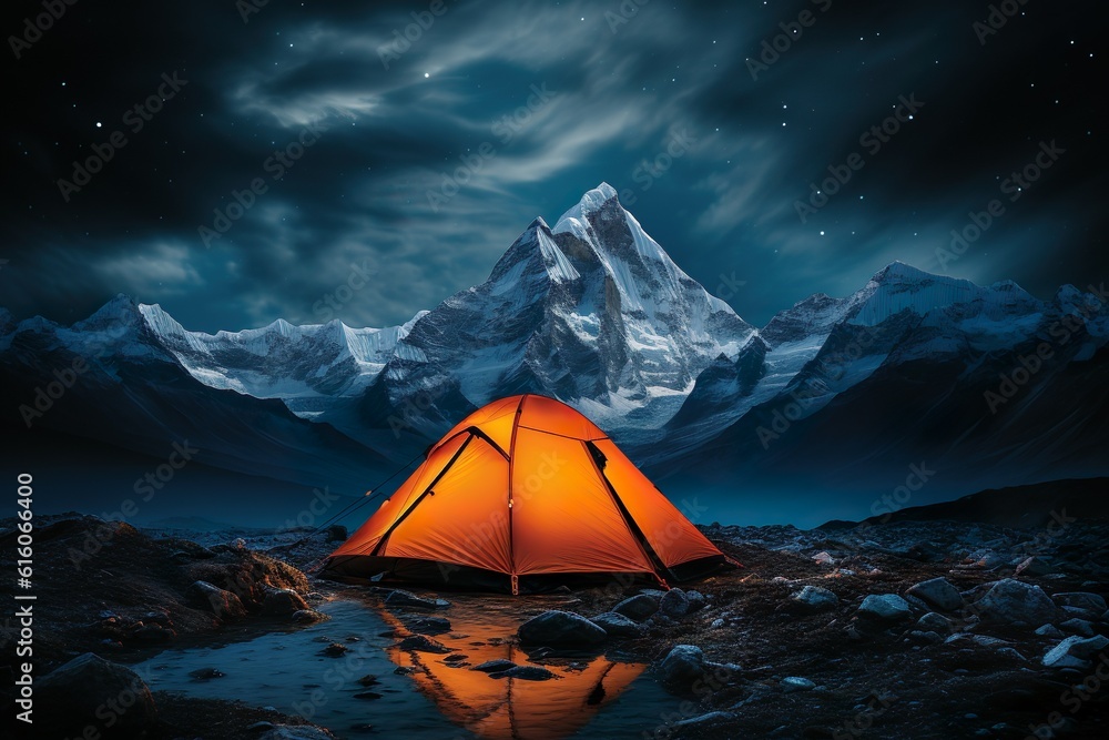 Tent in the wild surrounded by mountains and night sky. Generative AI.