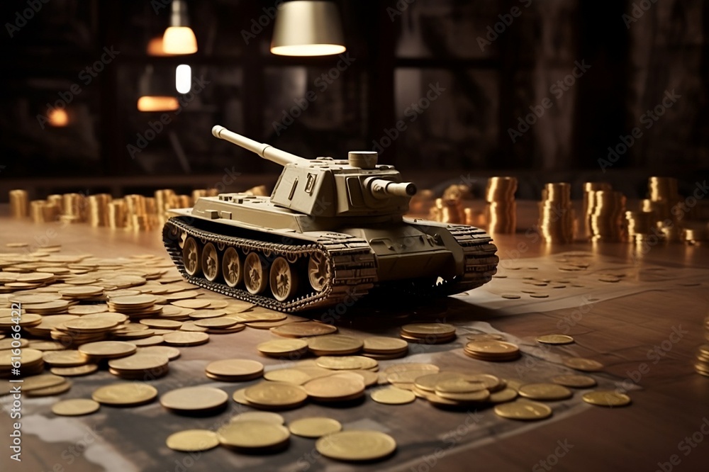 cost of war concept with tanks and soldiers and gold coin spreading around , generative AI