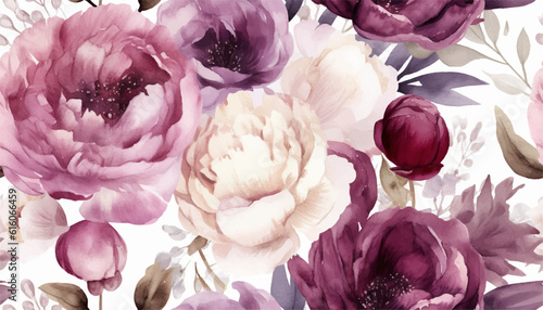 Delicate floral watercolor pattern for textiles and backgrounds, watercolor peonies flowers and green leaves, soft colors, boho style on a light background, floristic vintage