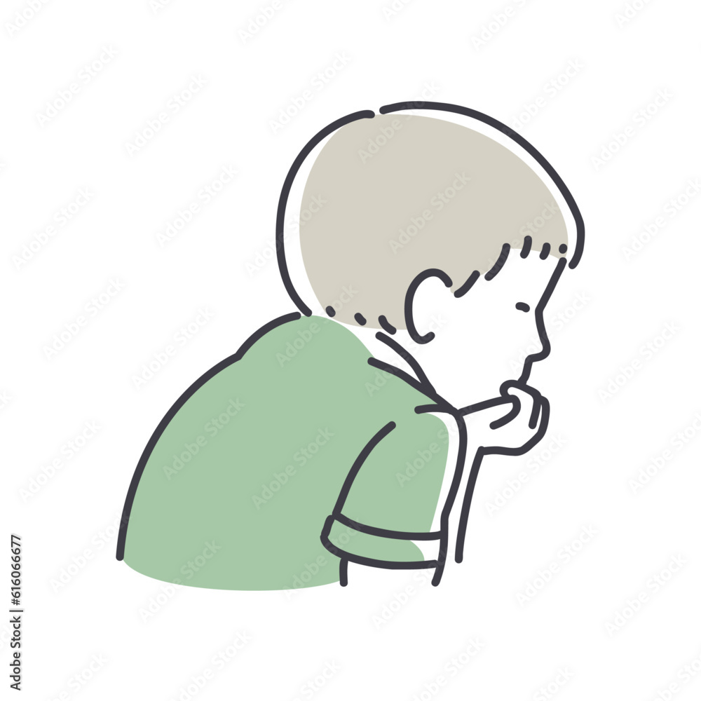 Little boy study learning reading book looking for inspiration. Cartoon kid looking down. Simple style outline flat vector illustrations on white background. Perfect for cute web, school marketing.