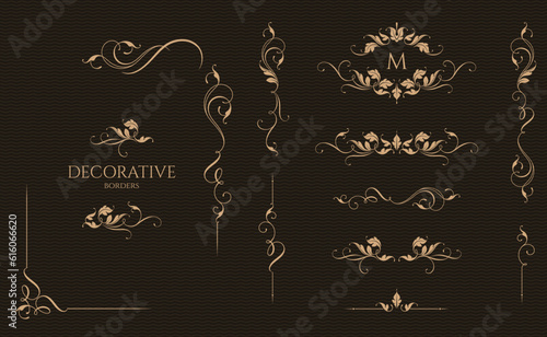Collection of leafy borders with calligraphic elements. Classic ornament. Graphic design pages.