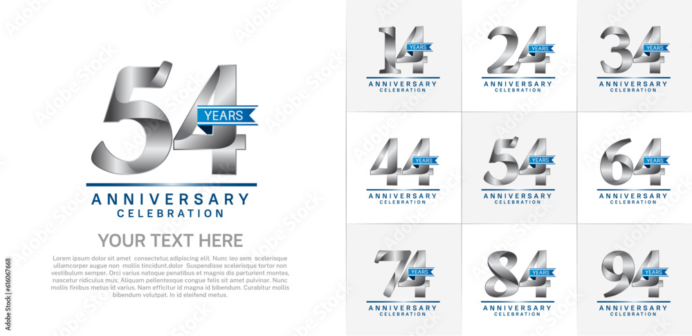 set of anniversary logo with silver number and blue ribbon can be use for celebration