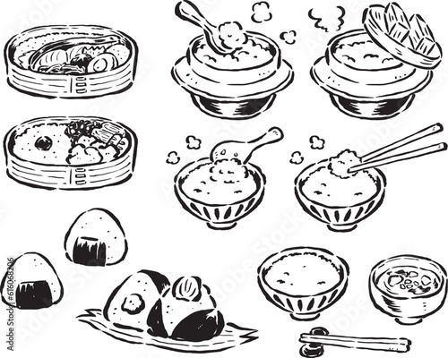 色々なご飯（お弁当・おにぎり・ご飯釜・お茶碗）筆タッチイラスト 単色線画のみ