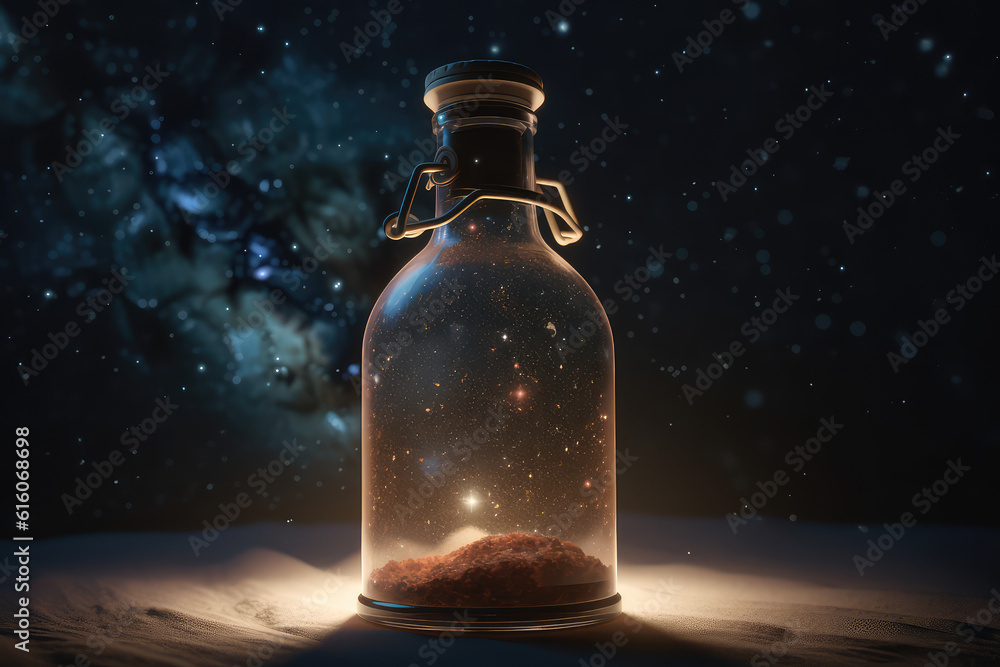 Space in a glass bottle. Fabulous space wallpaper, vintage glass vessel with shimmering stars inside. Generative AI 3d render illustration imitation. Space in a glass bottle. Fabulous space wallpaper, vintage glass vessel with shimmering stars inside. Generative AI 3d render illustration imitation.