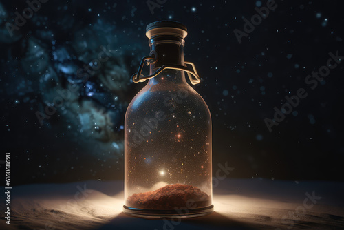 Space in a glass bottle. Fabulous space wallpaper, vintage glass vessel with shimmering stars inside. Generative AI 3d render illustration imitation.