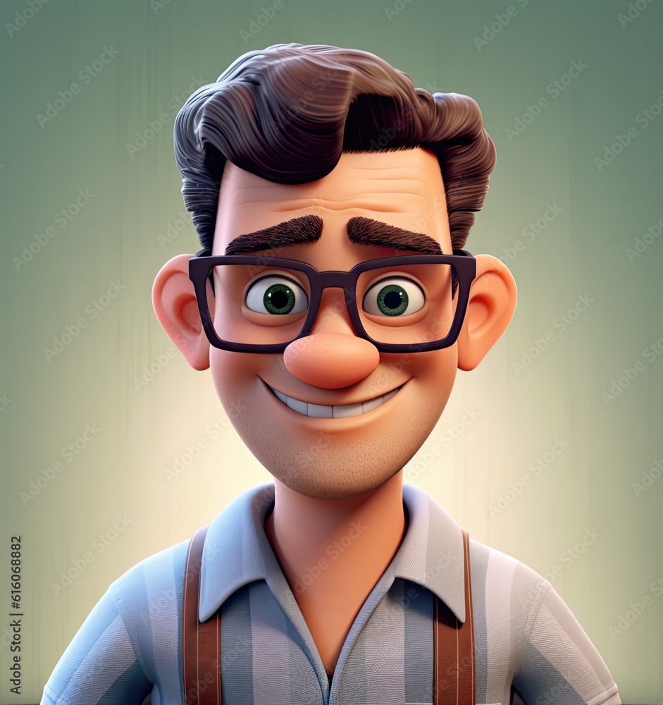 Close up portrait of smiling man with eyeglasses. 3D illustration of cartoon ??????? cute character isolated created with Generative AI technology Close up portrait of smiling man with eyeglasses. 3D illustration of cartoon ??????? cute character isolated created with Generative AI technology