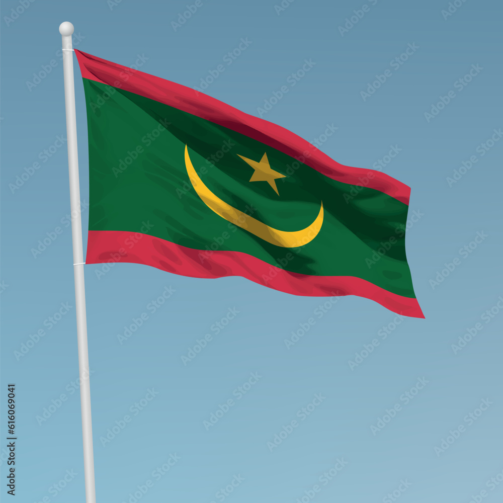 Naklejka premium Waving flag of Mauritania on flagpole. Template for independence day