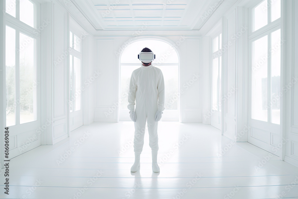 Fototapeta premium VR goggles technology concept with a person wearing virtual reality glasses device in white room. Generated AI.