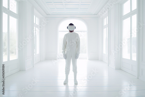 VR goggles technology concept with a person wearing virtual reality glasses device in white room. Generated AI.