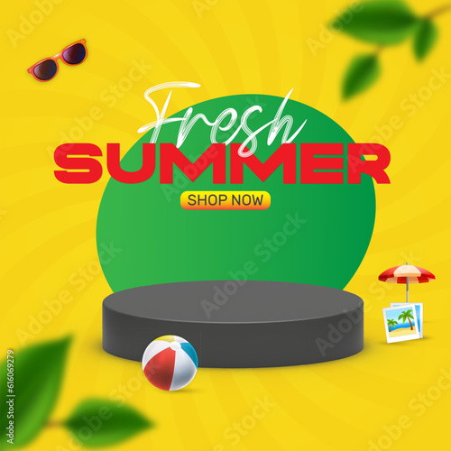 Fresh Summer sale ad banner template. Banner with 3d podium with tropical plants, sand, sunglasses and inflatable ball. Vector 3d illustration