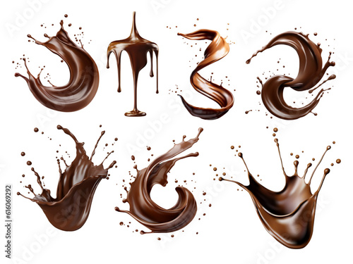 Photo Set of liquid brown coffee or chocolate splashes and drops on white background v