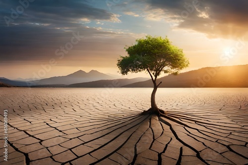 Planting tree in drought crisis. Global warming, care of the environment concept background made with Generative AI.