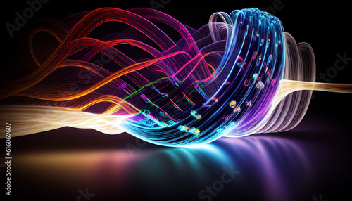 Datenübertragung mit Glasfaser für schnelles Internet glühende Wellen und Linien in neon Farben 5g Netz, Technologie Generative AI  photo